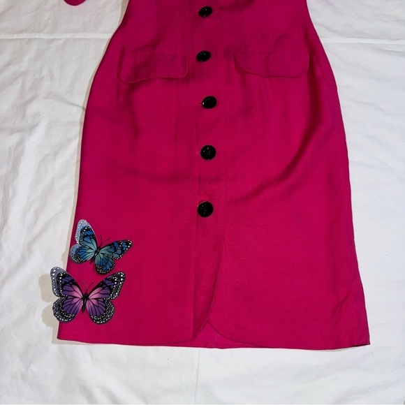 Vintage Hot Pink 80s Dress Button Front Real Vtg Linen - Picture 3 of 11